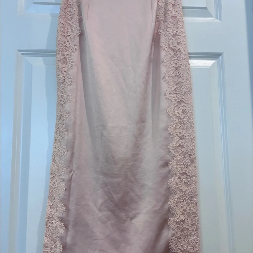 Elegant Blush Pink Lace Trim‎ Split Midi Silky Pencil Skirt